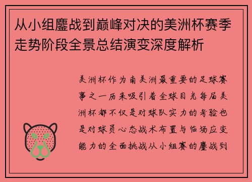 从小组鏖战到巅峰对决的美洲杯赛季走势阶段全景总结演变深度解析