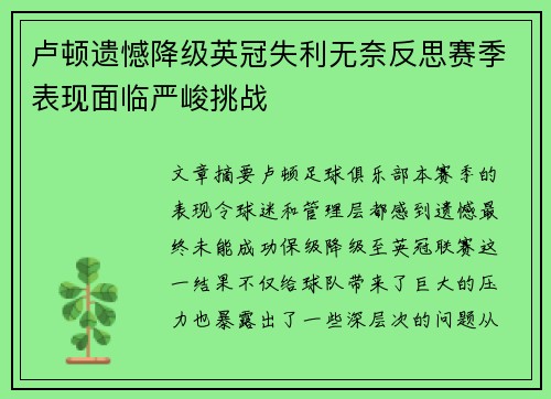 卢顿遗憾降级英冠失利无奈反思赛季表现面临严峻挑战